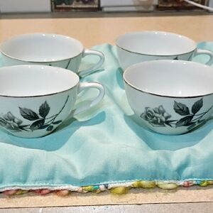 Laurel China Elegant White and Gray Floral Teacups